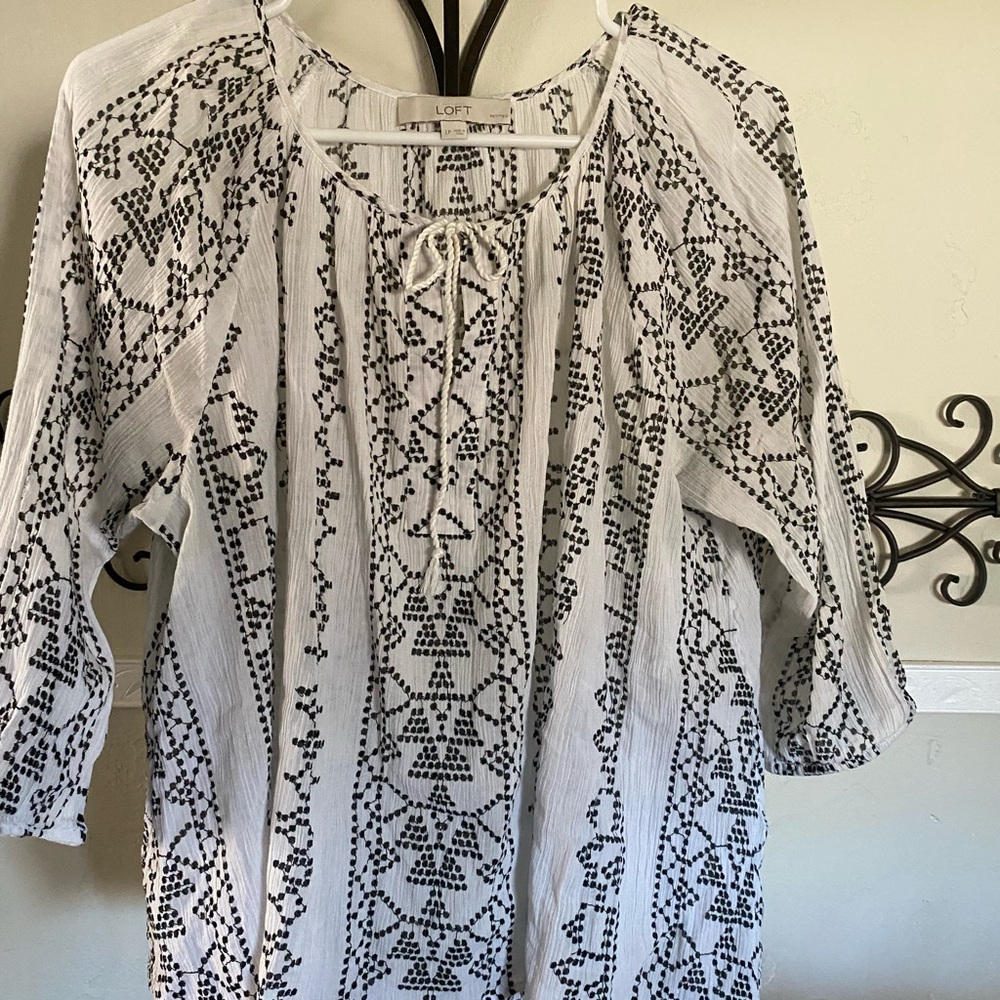 LOFT White and Black Tie Front Blouse